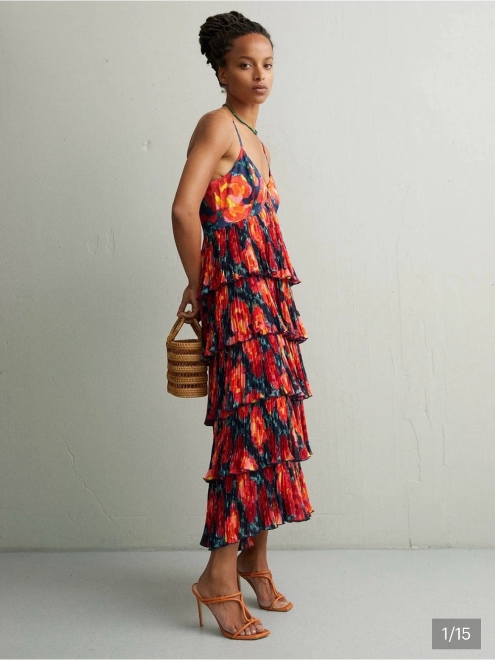 cinq à sept 100% Silk Red & Navy Ruffle Tiered Daydream Joey Floral Midi Dress
